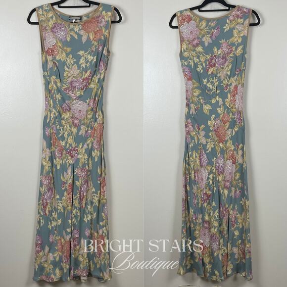 Super Rare Floral Maxi Dress ALT ASO Phoebe Buffay Friends Green Sleeveless VTG - Picture 5 of 10